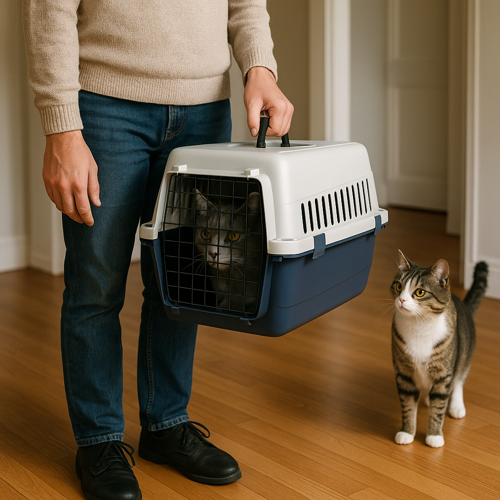 A person holds a cat carrier with a gray cat inside, while an inquisitive tabby cat looks on, in a cozy indoor setting.