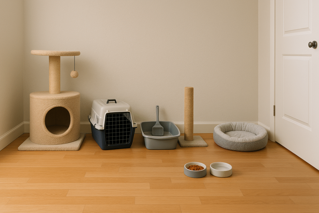 A cozy cat corner featuring a scratching post, litter box, carrier, food bowls, and a comfortable pet bed against a neutral wall.