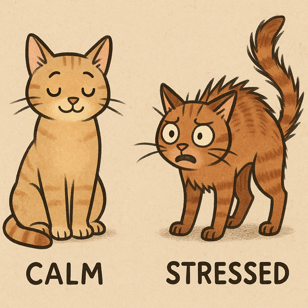 A cartoon illustration of two cats: a calm, relaxed cat on the left and a stressed, wide-eyed cat on the right, labeled respectively.