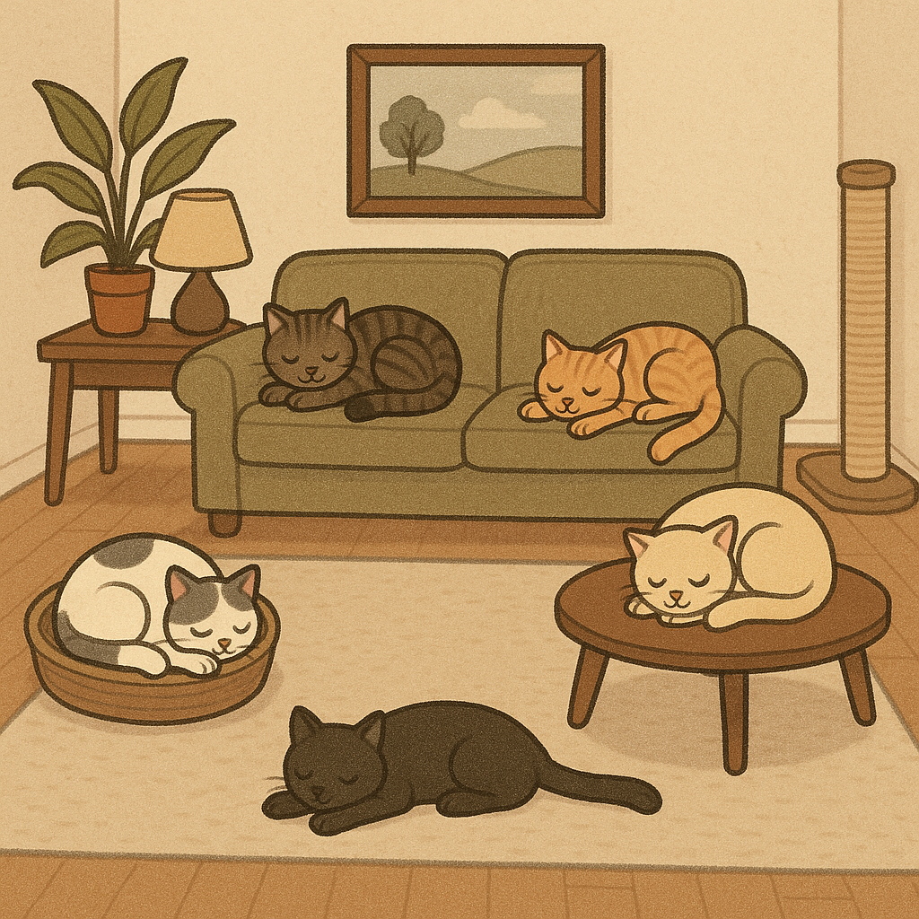 Five sleeping cats in a cozy living room: two on a green couch, one in a basket, and two on tables. A plant and lamp add warmth.