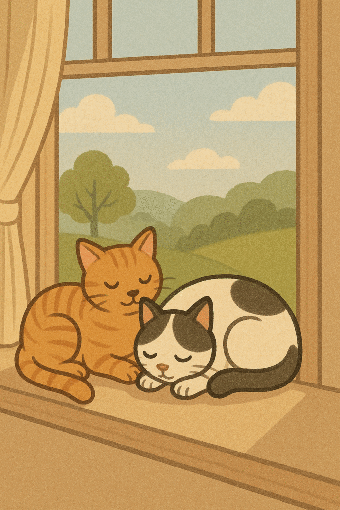 Two sleeping cats, an orange tabby and a black-and-white cat, curled up together in a sunny window with a serene countryside view.