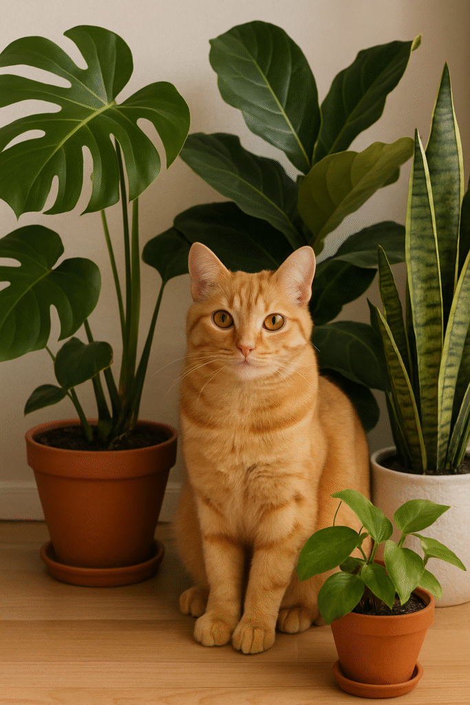 Orange tabby cat sitting on wooden floor, surrounded by potted green plants, including a Monstera and Snake Plant, conveying a calm, natural vibe.