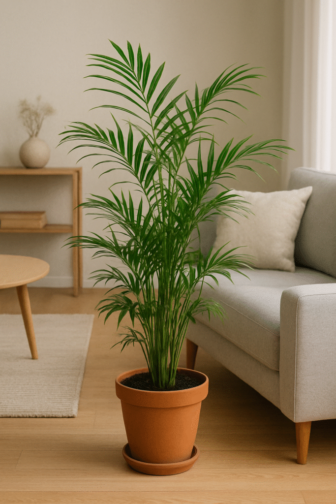 Tall green potted plant beside a gray sofa in a cozy, minimalist living room. Light wood tones and soft textures create a calm atmosphere.
