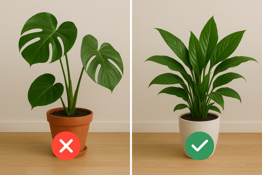 Two potted plants side by side indoors. Left: A Monstera plant in a terracotta pot with a red "X" symbol. Right: A peace lily in a white pot with a green checkmark.