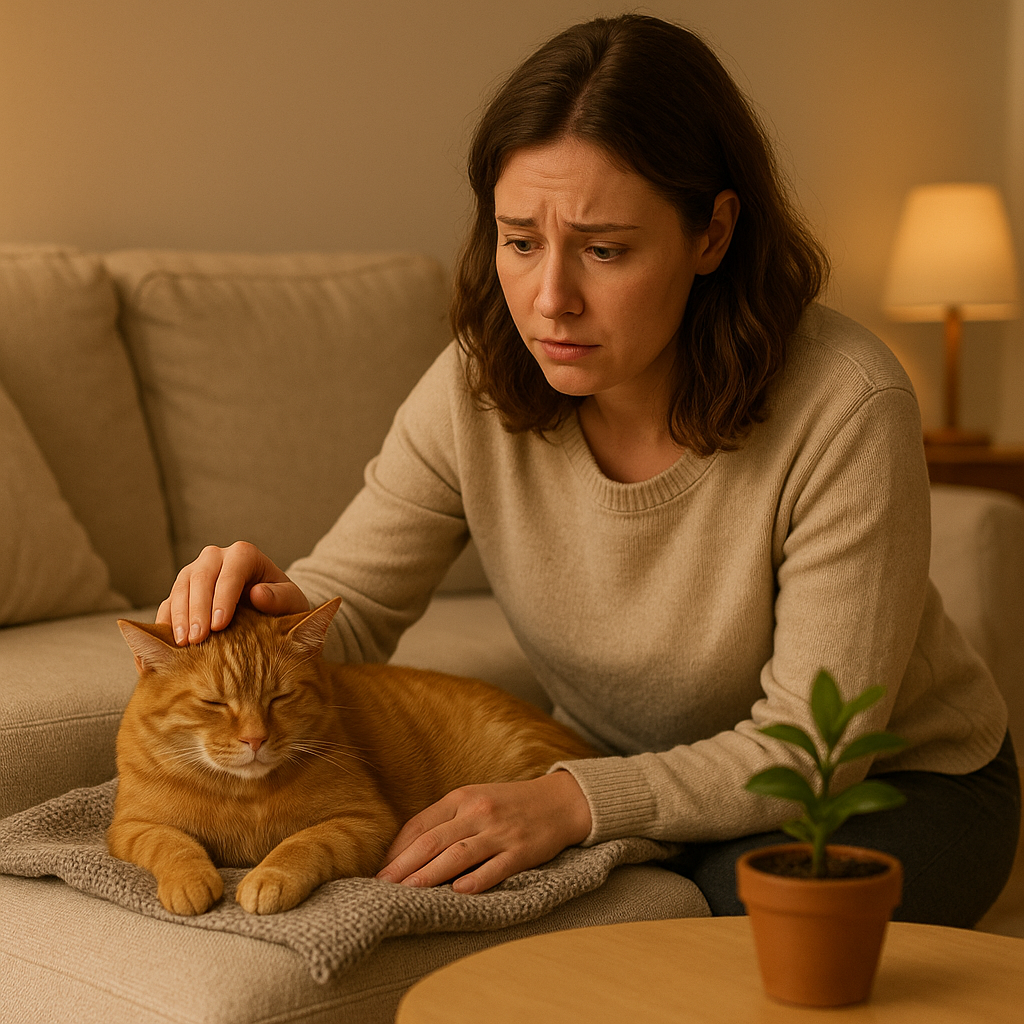A woman with a worried expression pets a sleeping orange cat on a couch. A lamp softly lights the room, enhancing the cozy atmosphere.