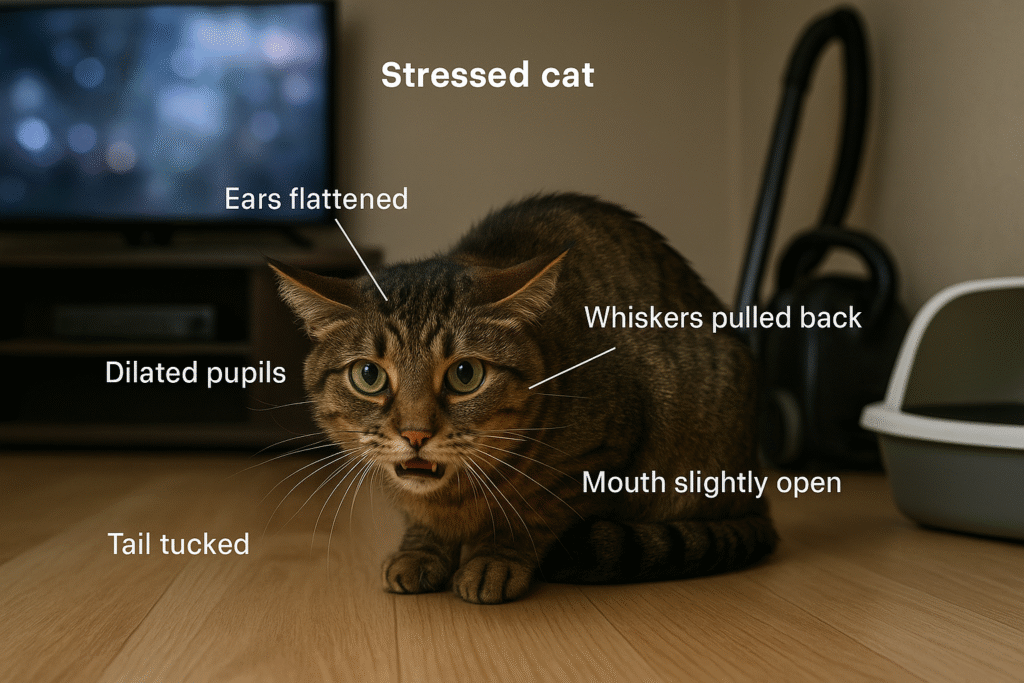 Stressed cat crouched on a wooden floor, with flattened ears, dilated pupils, and whiskers pulled back. Tail is tucked; mouth slightly open.