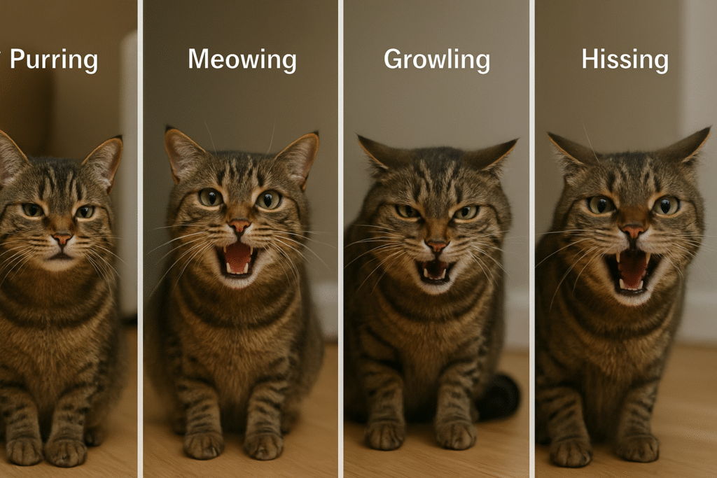 Four-panel image of a tabby cat displaying emotions: content in "Purring," vocal with open mouth in "Meowing," intense in "Growling," and defensive in "Hissing."