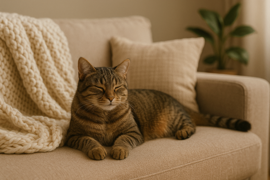A tabby cat peacefully naps on a beige sofa, with a knitted blanket and cushion nearby. There's a calm, cozy atmosphere with a plant in the background.