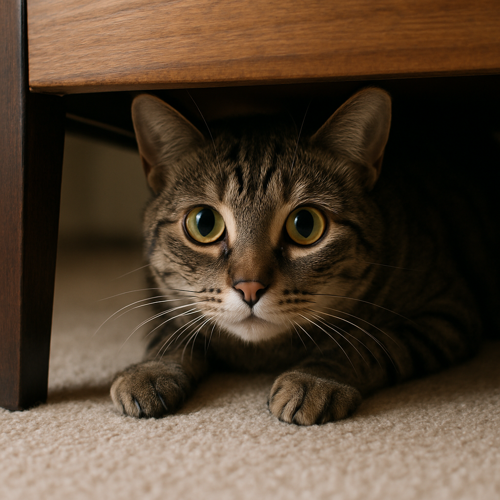 A tabby cat with alert, wide eyes crouches under a wooden table, peering out with curiosity. The setting is warm and cozy, with soft carpet underneath.