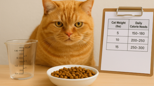 A serious-looking orange cat sits between a measuring cup and a bowl of dry food. A calorie chart on a clipboard is seen on the right.