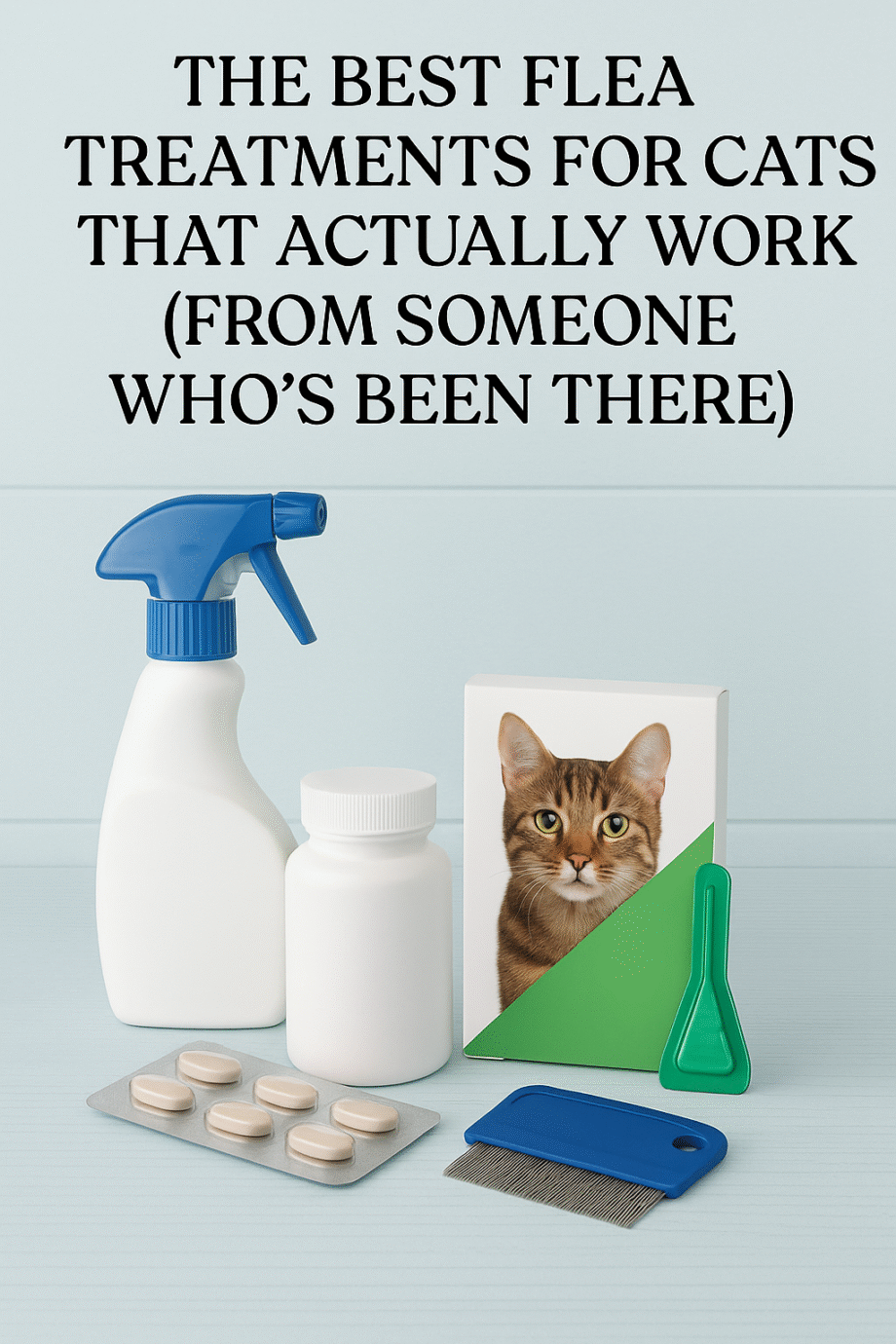 Image showing various cat flea treatments, including a spray bottle, pills, a bottle, a flea comb, and packaging with a cat photo. Text reads: "The Best Flea Treatments for Cats That Actually Work (From Someone Who’s Been There)".