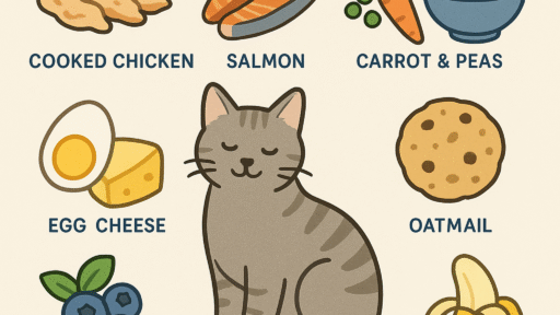 Illustration titled "What Human Foods Can I Give My Cat?" shows a happy cat surrounded by safe foods: cooked chicken, salmon, carrot, peas, oatmeal, egg, cheese, blueberries, and banana.