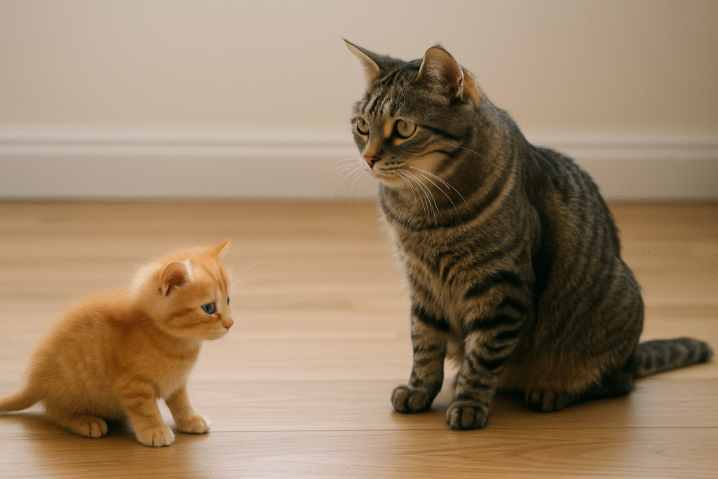 An orange kitten and a large gray tabby cat sit on a wooden floor indoors, facing forward against a light-colored wall—capturing a peaceful moment of how to introduce kitten to cat in your home.