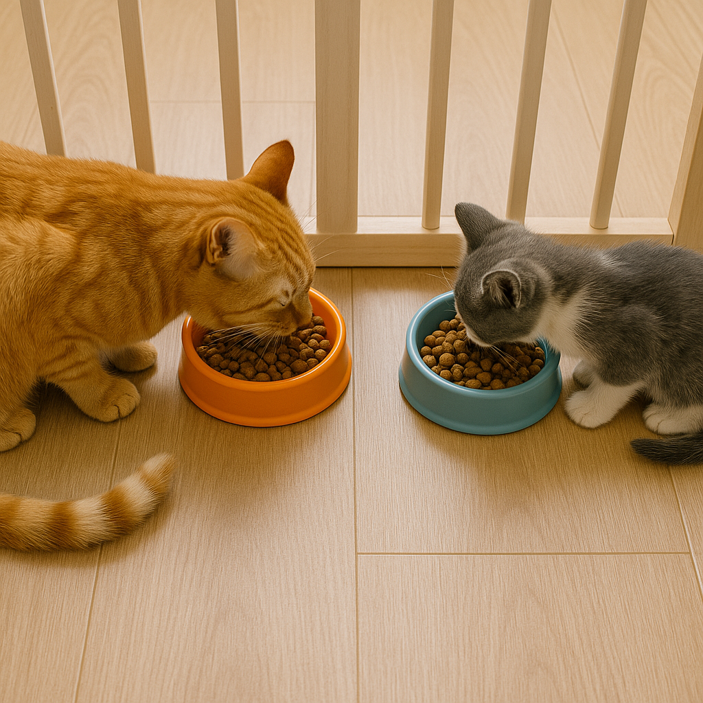 An orange cat and a gray kitten eat from their respective bowls, orange and blue, on a wooden floor near a white barrier.