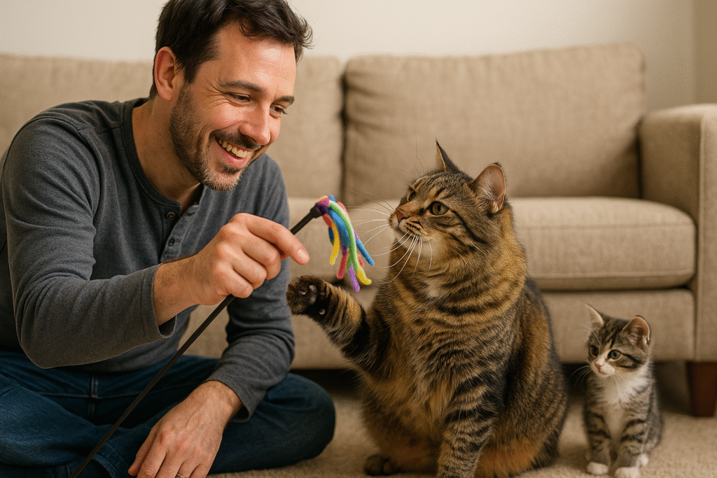 A person plays with a colorful feather toy, while a fluffy tabby cat swats at it, and a small gray kitten observes next to them.