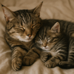 A mother cat and her kitten snuggle closely, both with eyes closed, resting peacefully on a soft beige blanket.