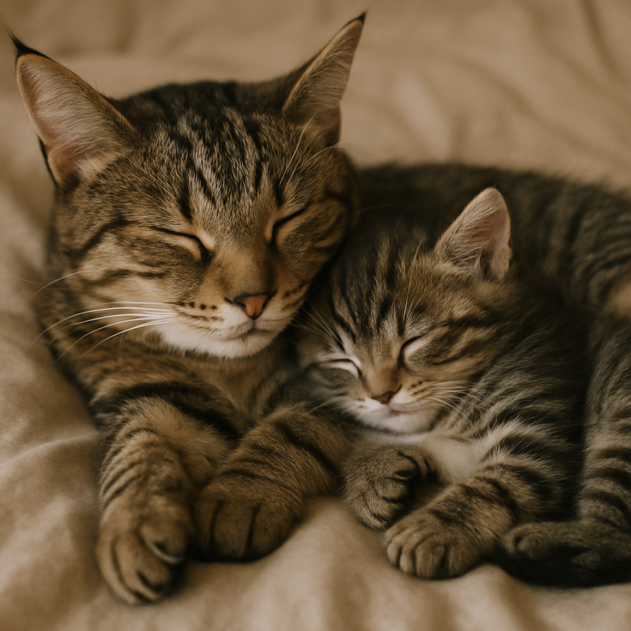 A mother cat and her kitten snuggle closely, both with eyes closed, resting peacefully on a soft beige blanket.