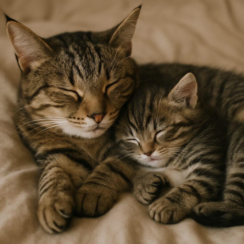 A mother cat and her kitten snuggle closely, both with eyes closed, resting peacefully on a soft beige blanket.