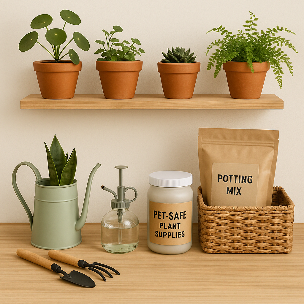 A wooden shelf holds four potted plants, alongside a watering can, spray bottle, potting mix bag, and plant supplies jar on a wooden surface.