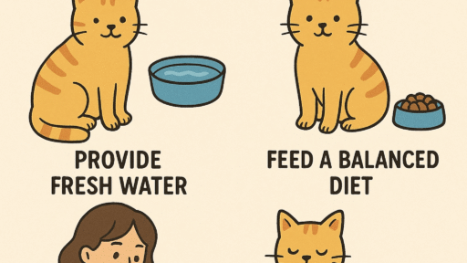 Illustrated guide titled "How to Take Care of a Cat" with advice: provide fresh water, feed balanced diet, brush regularly, and keep litter box clean.