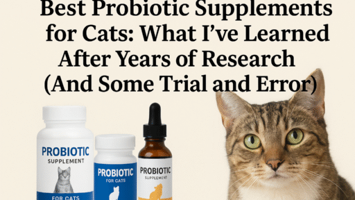 Image of cat probiotic supplements with different bottles. A curious cat's face is beside them. Text above discusses research on cat probiotics.