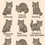 Cartoon diagram showing 10 warning signs your cat might be sick. Each symptom is illustrated with a sad cat: lethargy, loss of appetite, vomiting, excessive thirst, over-grooming, change in litter box habits, bad breath, hide or isolate, and pain.