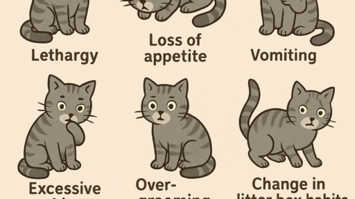 Cartoon diagram showing 10 warning signs your cat might be sick. Each symptom is illustrated with a sad cat: lethargy, loss of appetite, vomiting, excessive thirst, over-grooming, change in litter box habits, bad breath, hide or isolate, and pain.