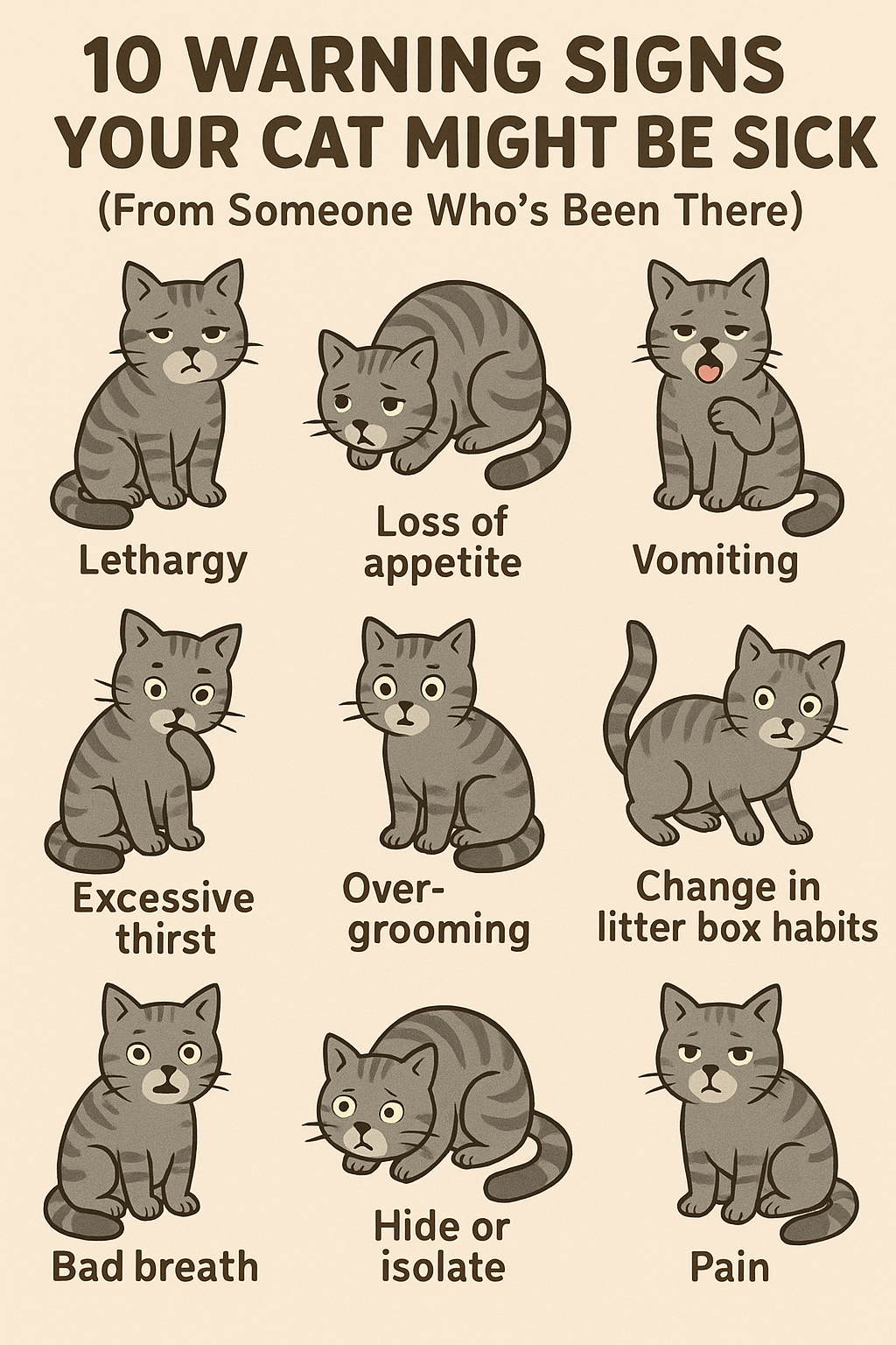 Cartoon diagram showing 10 warning signs your cat might be sick. Each symptom is illustrated with a sad cat: lethargy, loss of appetite, vomiting, excessive thirst, over-grooming, change in litter box habits, bad breath, hide or isolate, and pain.