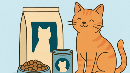 Illustration of a smiling orange cat next to a bag and can of cat food, with text "Best Hypoallergenic Cat Foods, My Complete Guide for Allergic Cats in 2025."