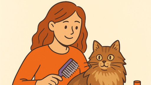 Illustration shows a person grooming a long-haired cat with a comb, accompanied by grooming tools and a bottle of cat care product.