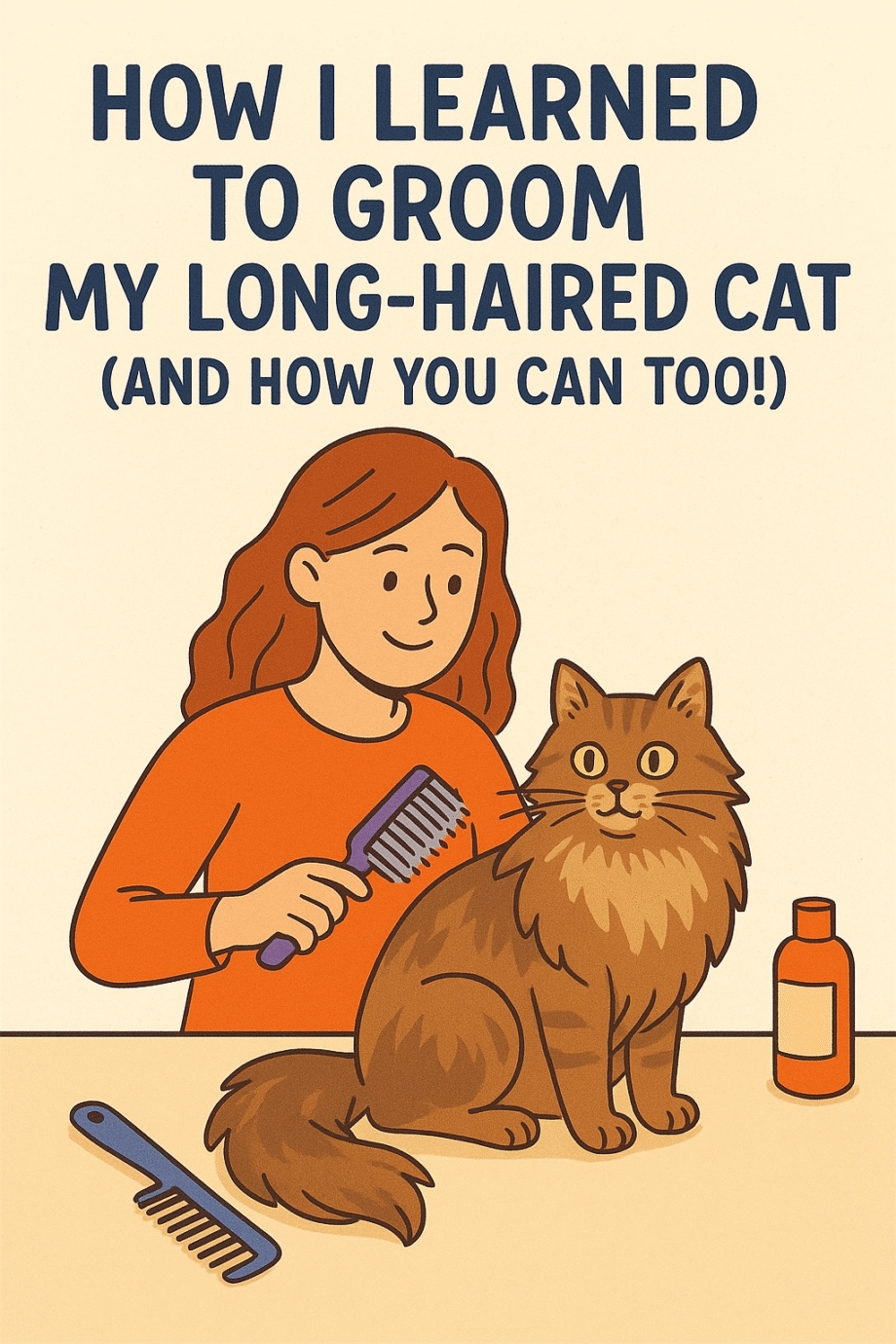 Illustration shows a person grooming a long-haired cat with a comb, accompanied by grooming tools and a bottle of cat care product.