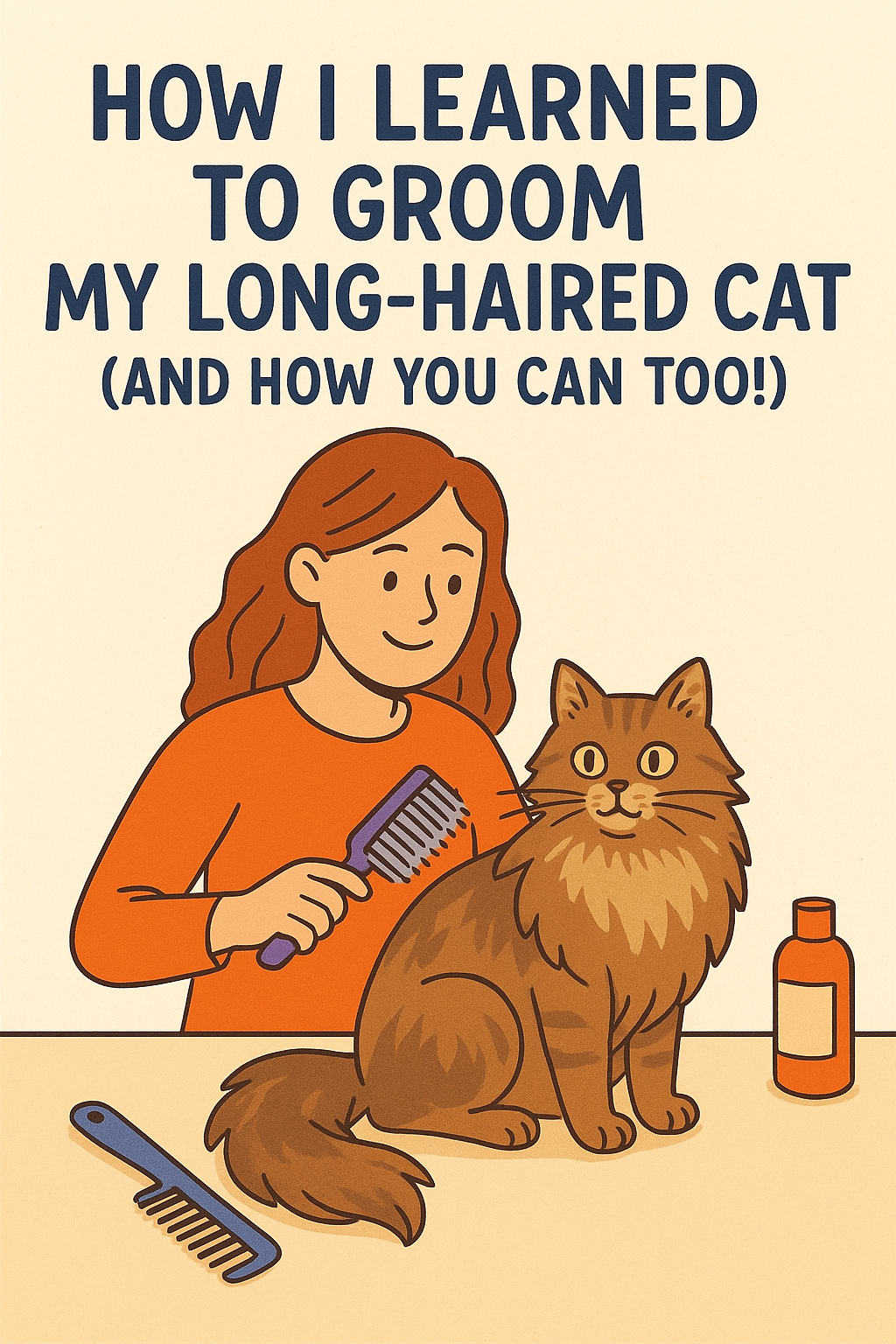 Illustration shows a person grooming a long-haired cat with a comb, accompanied by grooming tools and a bottle of cat care product.