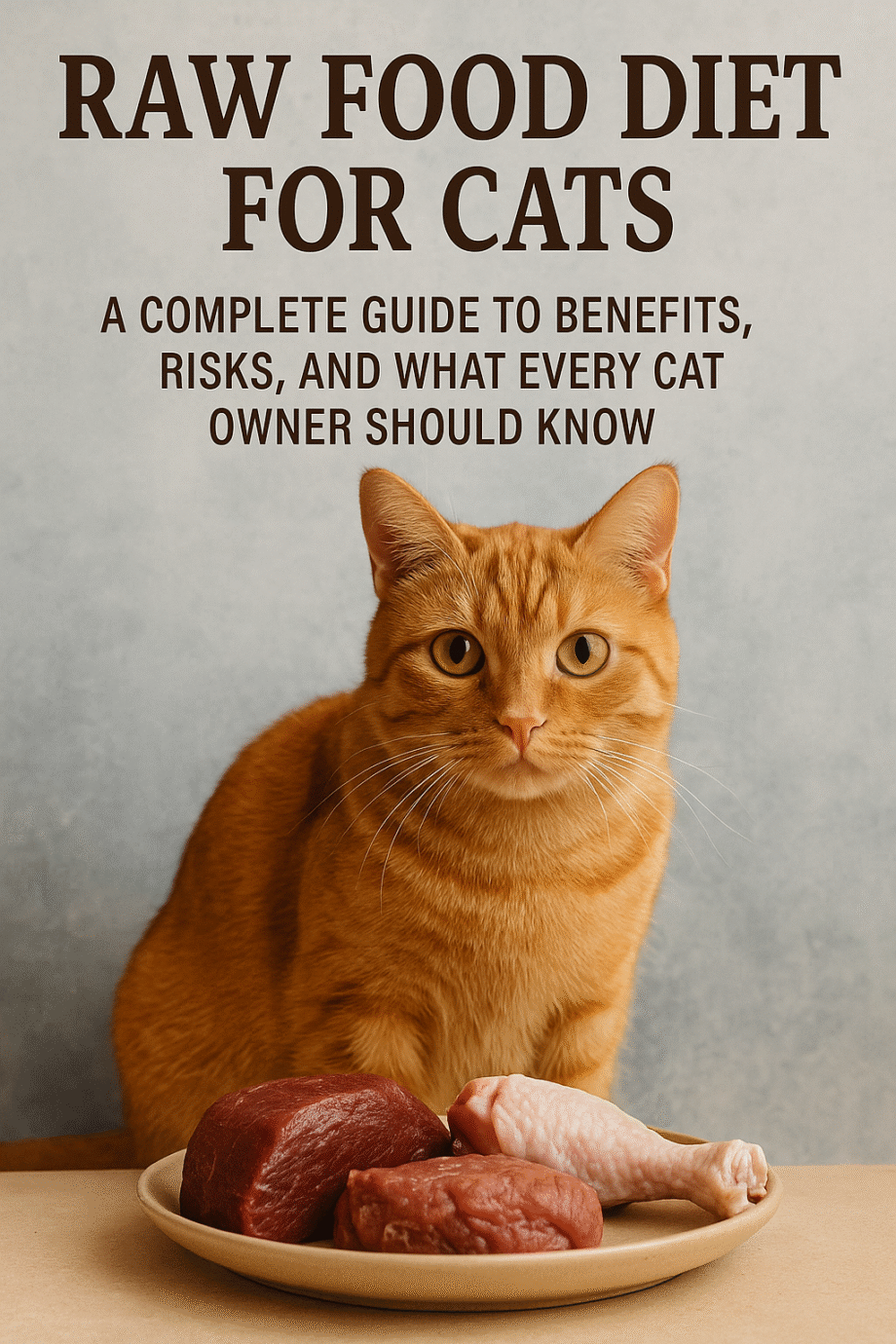 Orange cat sitting behind a plate of raw meat, with text above stating Raw Food Diet for Cats: A Complete Guide to Benefits, Risks, and What Every Cat Owner Should Know.