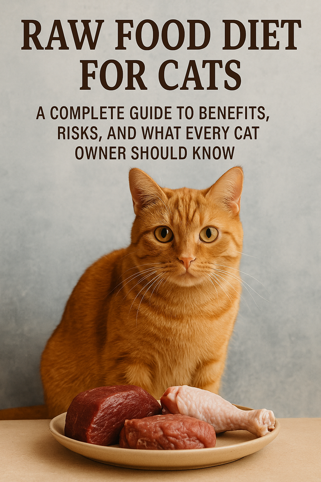 Orange cat sitting behind a plate of raw meat, with text above stating Raw Food Diet for Cats: A Complete Guide to Benefits, Risks, and What Every Cat Owner Should Know.