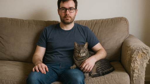 A man with glasses sits on a worn-out beige sofa, wearing a dark shirt and jeans. A tabby cat rests beside him, both looking calmly at the camera.
