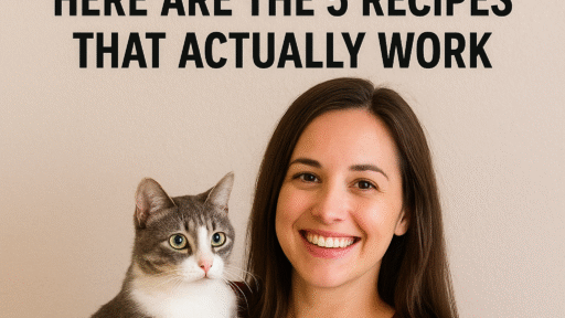 A smiling person holds a cat and a plate of homemade cat treats. Text above reads: "I've been making cat treats for 3 years. Here are the 5 recipes that actually work."