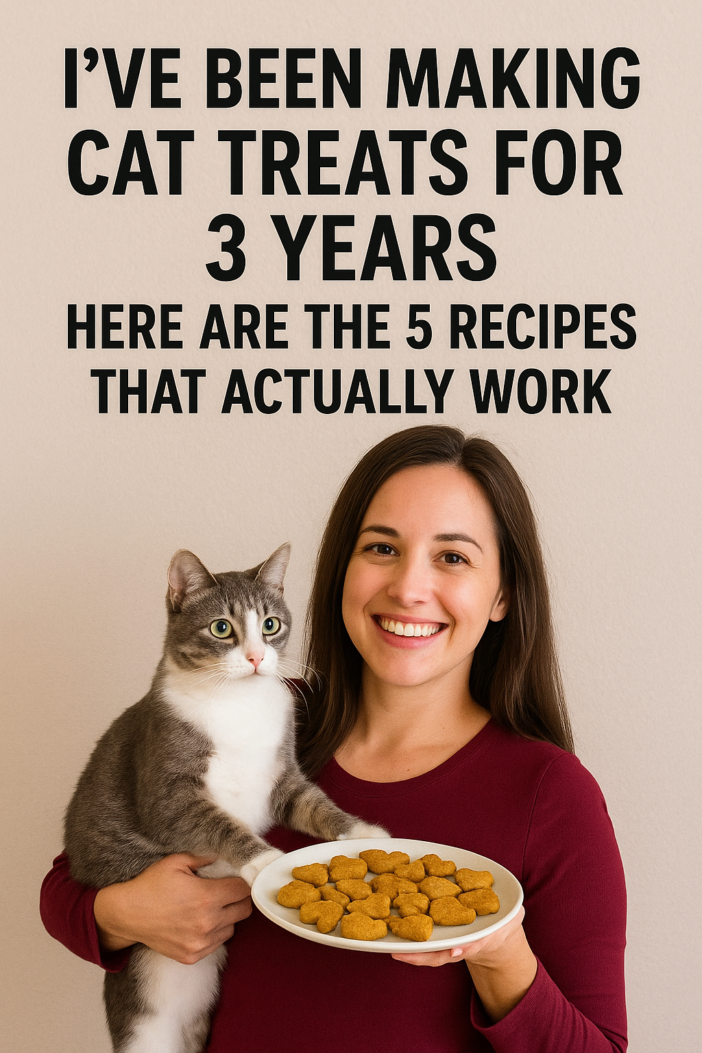 A smiling person holds a cat and a plate of homemade cat treats. Text above reads: "I've been making cat treats for 3 years. Here are the 5 recipes that actually work."