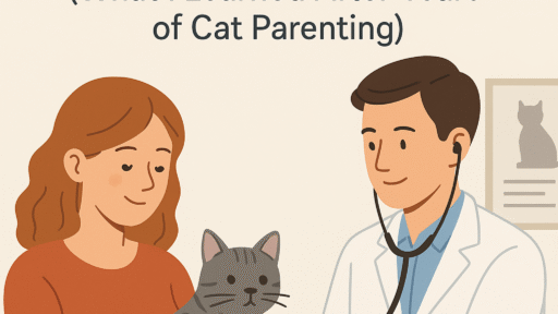 Illustration of a vet examining a calm gray tabby cat with a stethoscope while a woman watches, smiling. Text above asks about cat vet visits.