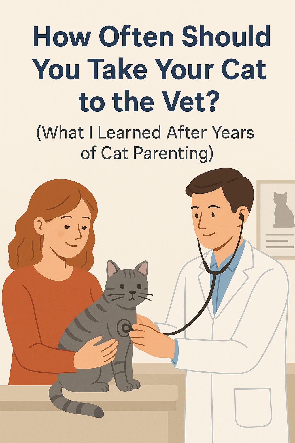 Illustration of a vet examining a calm gray tabby cat with a stethoscope while a woman watches, smiling. Text above asks about cat vet visits.