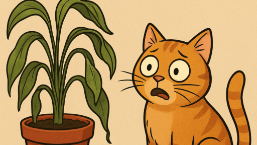 A worried cartoon cat sits by a potted plant on a wooden floor, with fallen leaves around. The text above reads, "The Day My Cat Almost Died."