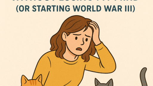 Illustration of a worried woman sitting between a ginger cat and a gray cat, conveying tension. Text above reads, "How I Learned to Introduce a New Cat."