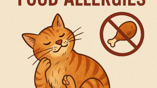 Illustration of a content orange cat scratching its ear, with a red no-chicken symbol above. Text reads "My cat wouldn't stop scratching—here's what I learned about food allergies."