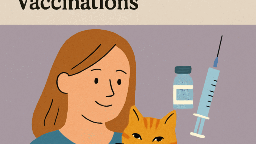 Illustration of a smiling person holding an orange cat, with a syringe and vaccine vial beside them. Text above discusses cat vaccinations.