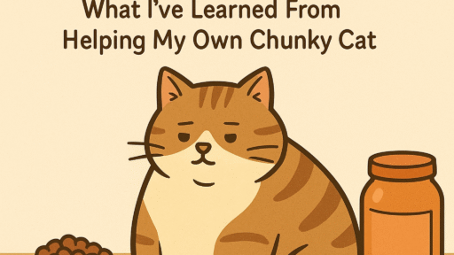 Illustrated poster with a chubby cat sitting between a bowl of kibble, a dish of vegetables, and a jar. Text: "The Best Diet for Overweight Cats." Tone: informational.
